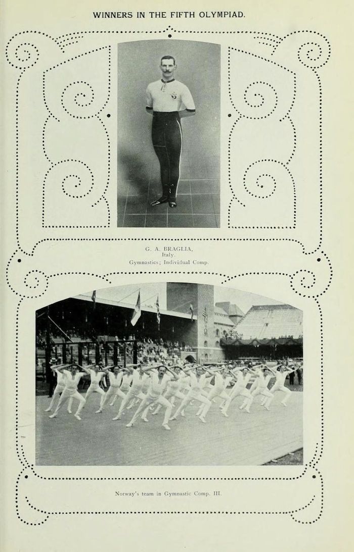 Vintage black and white photograph from the Fifth Olympiad featuring G.A. Braglia of Italy and Norway's gymnastics team.