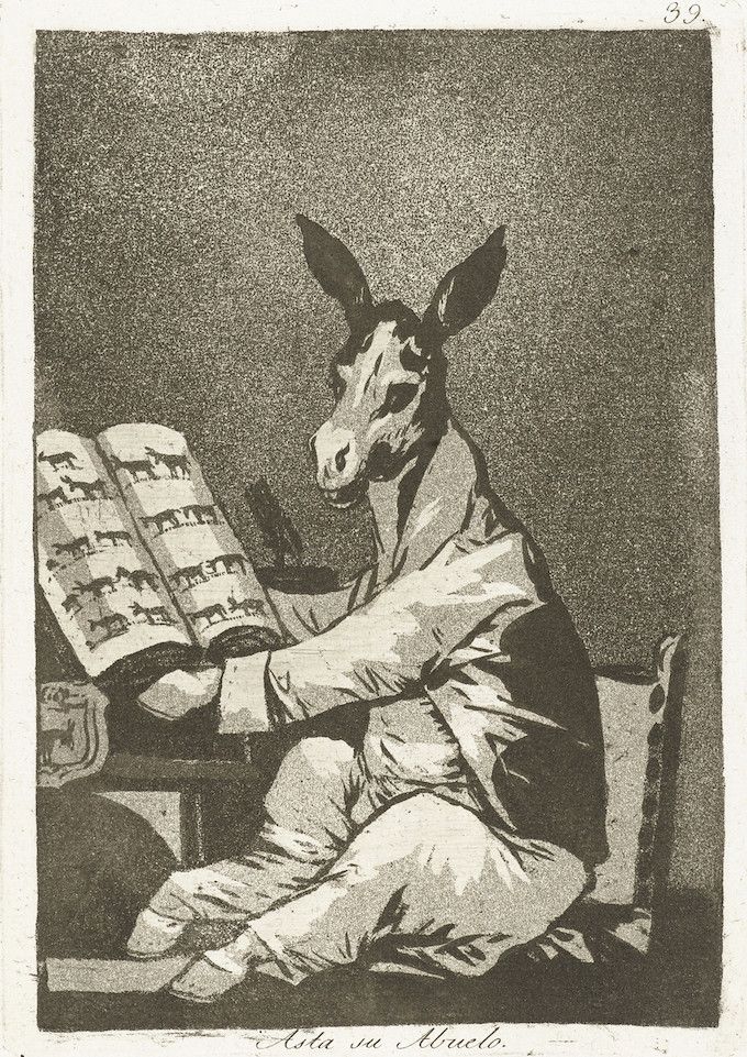 A black and white etching of a person with a donkey head seated at a table, reading a book filled with illustrations of horses.