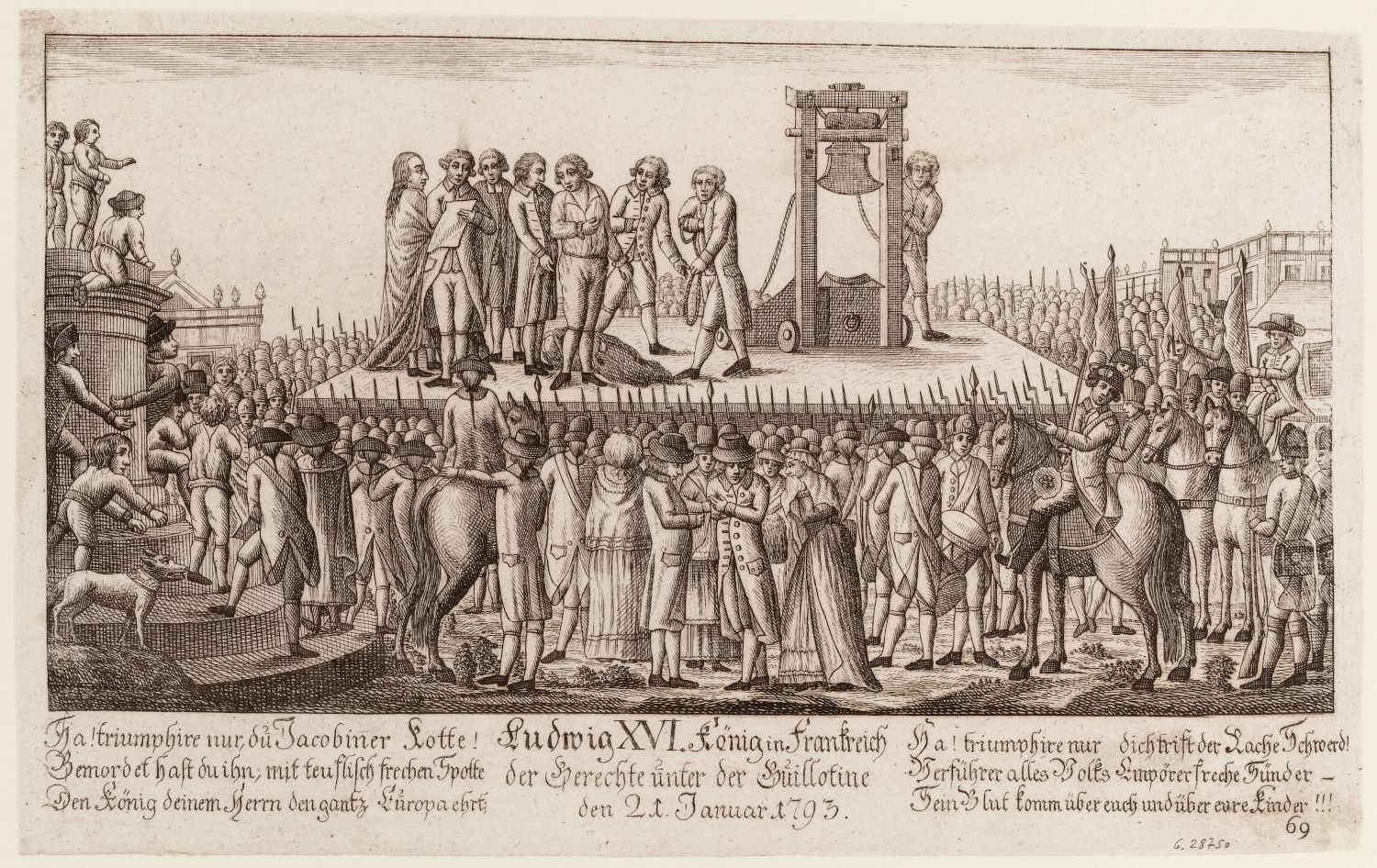 A black and white engraving depicting the execution of King Louis XVI of France by guillotine on January 21, 1793.