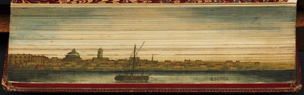 Vintage illustration of the Boston skyline with ships in the harbor, framed by a decorative book cover.