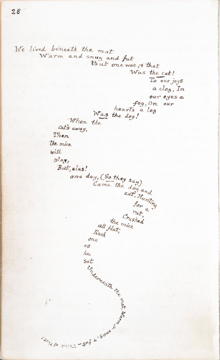 A handwritten page with a poem about mice, a cat, and a dog.
