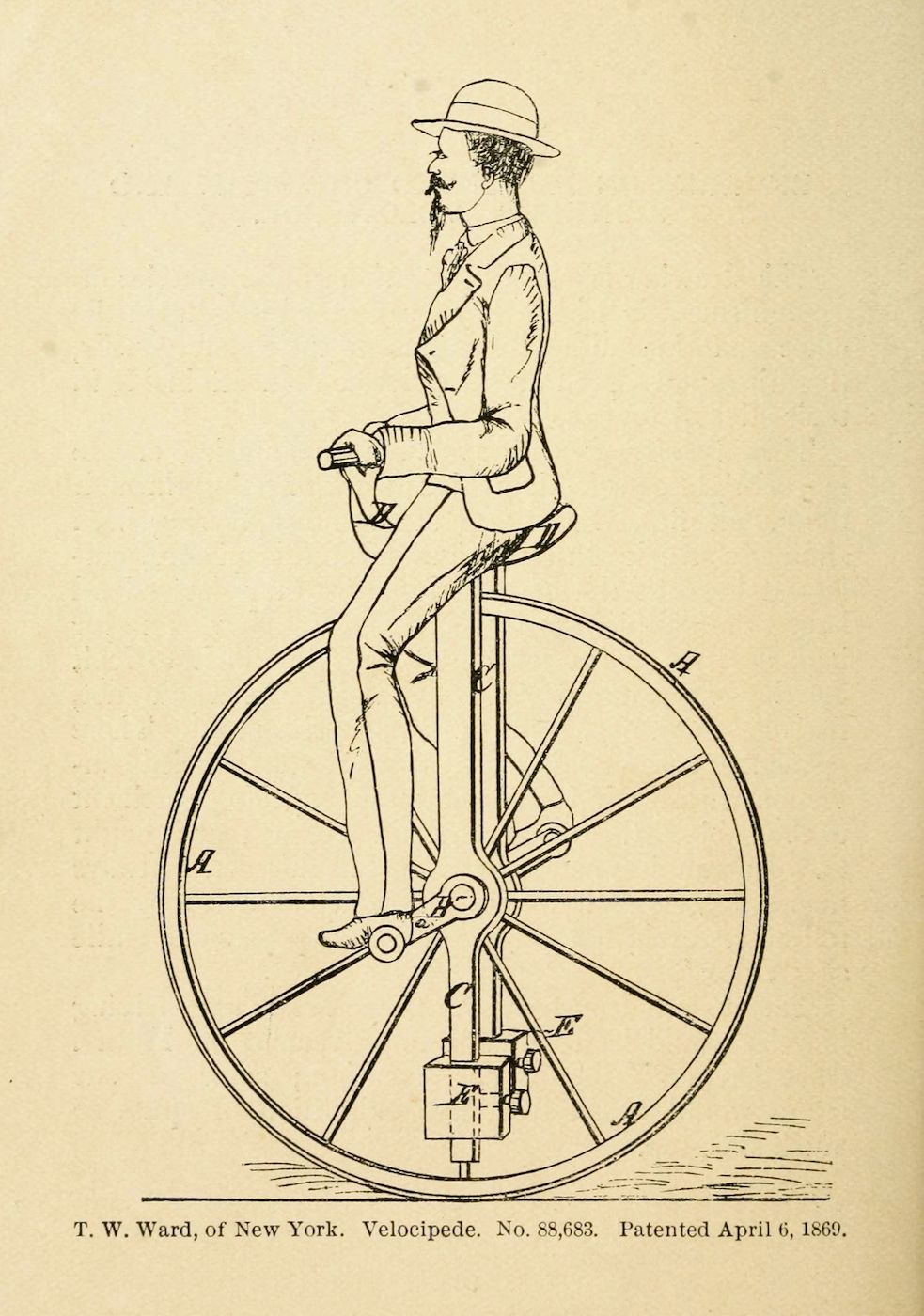 Vintage patent drawing of a velocipede with a man riding it, dated April 6, 1869.