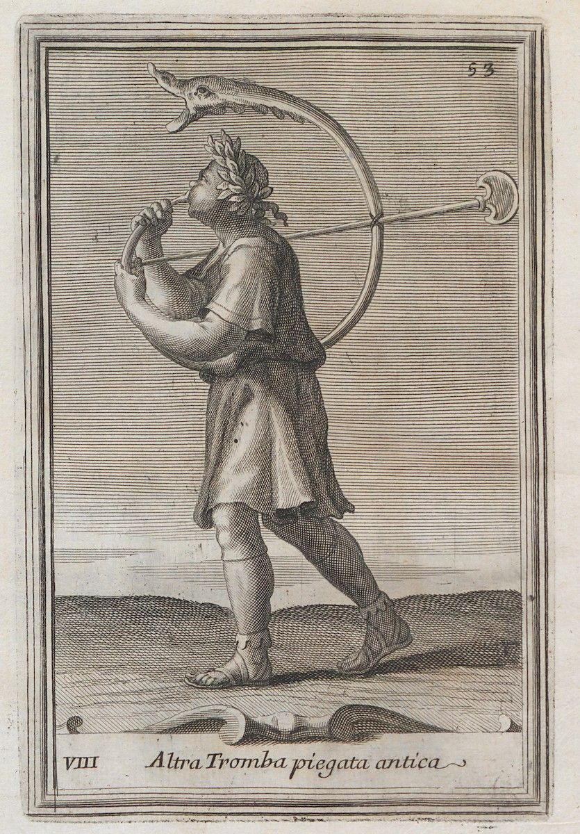 A black and white engraving of a man playing a large, curved trumpet.