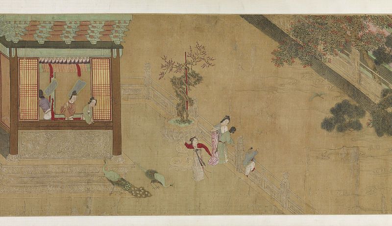 A section of a long, horizontal Chinese painting depicting a pavilion with women inside and a group of women walking along a path in a garden.