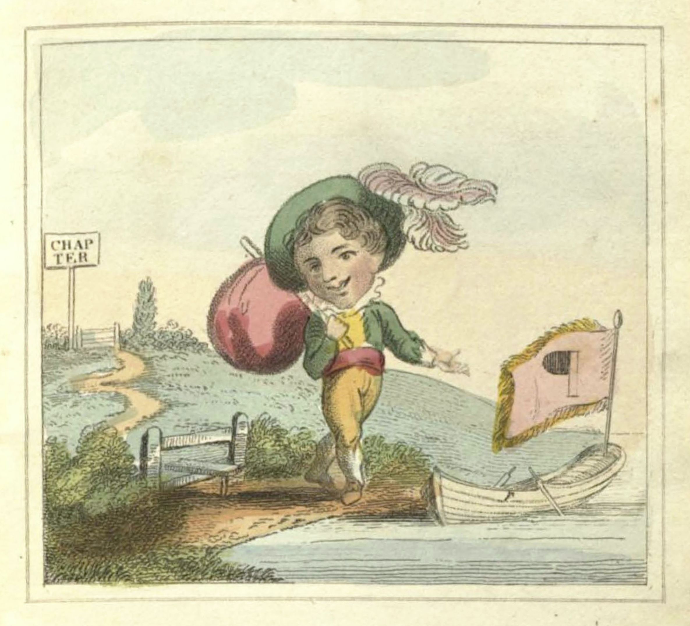 A vintage illustration of a boy walking near water with a boat and flag.