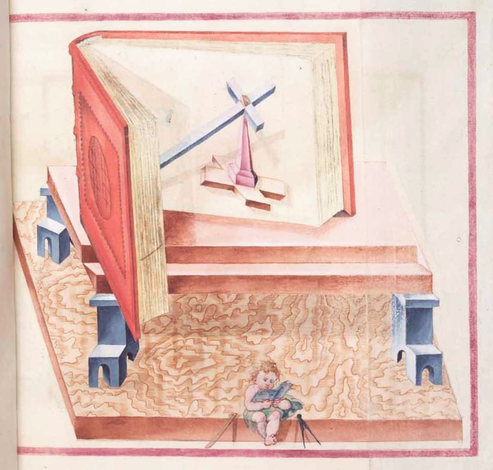 Medieval illustration of a large open book on steps with a man writing at the base and a wind rose on the pages.