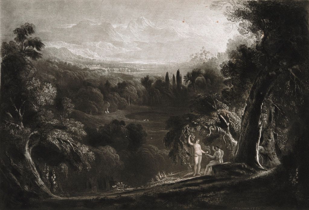 A black and white engraving of a lush landscape with two nude figures in the foreground.