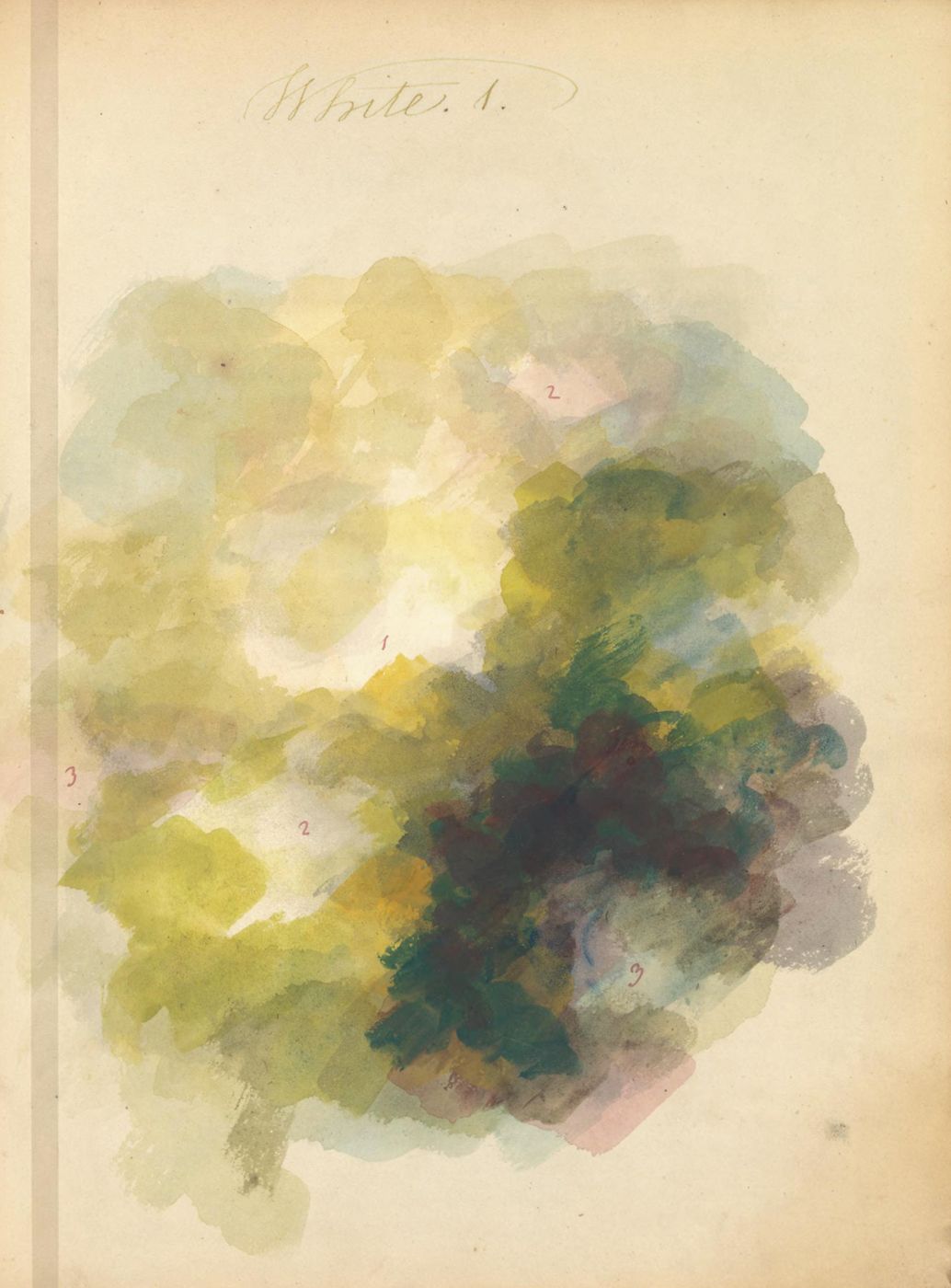 A vintage watercolor painting on an aged page, featuring abstract green and yellow blends with handwritten numbers 1, 2, and 3.