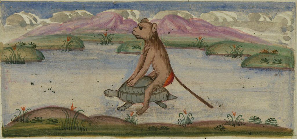 A painting of a monkey riding a turtle across a body of water with mountains in the background.