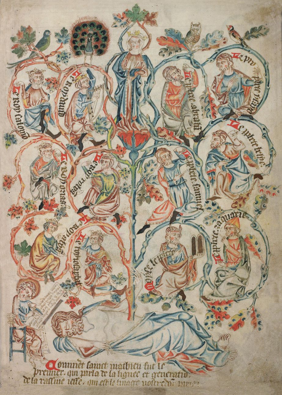 A detailed, colorful illustration from a medieval manuscript depicting a genealogical tree with figures arranged along branching, vine-like structures.
