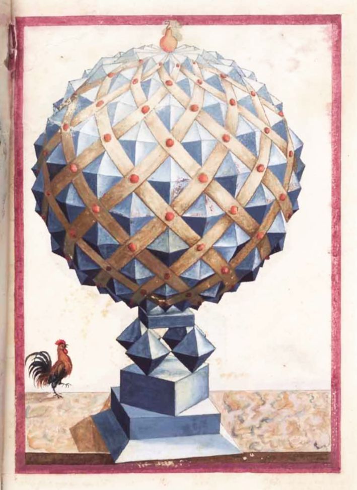 A detailed illustration of a geometric structure resembling a dome or tower, with a small rooster to the left.