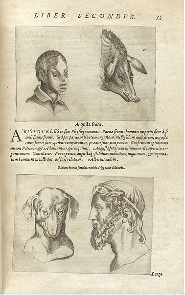 A page from an old book with four detailed illustrations of heads: a person with dark skin, a pig, a goat, and a bearded man.