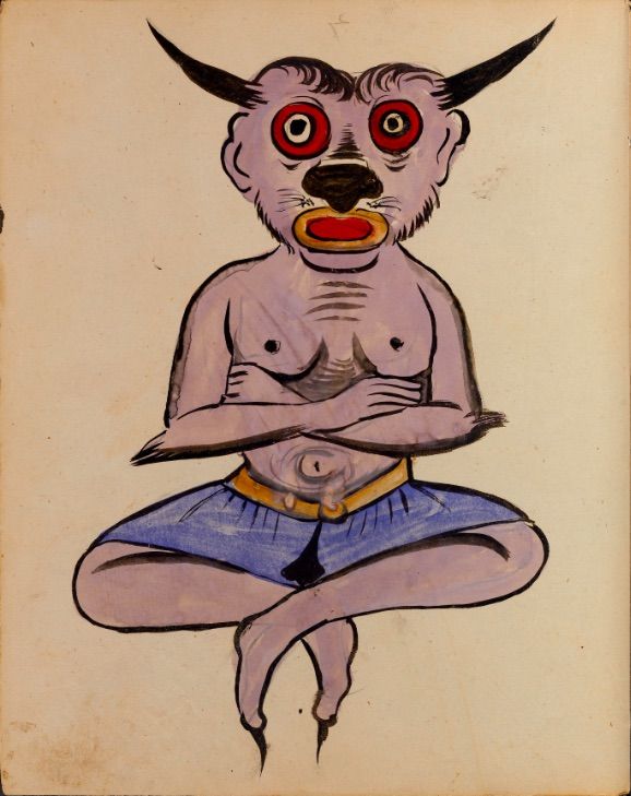 A vintage illustration of a lavender-grey figure with horns seated in a lotus position.