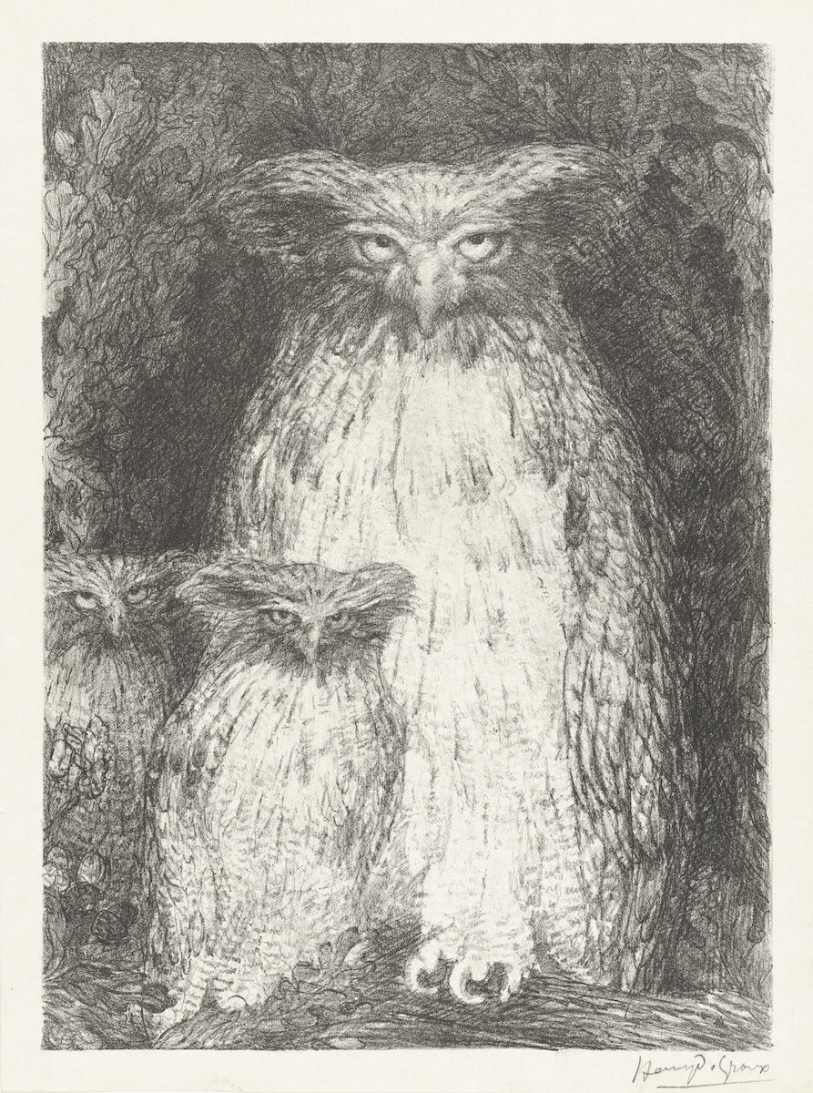 A black and white etching of three owls perched on a branch. The largest owl is in the center, with two smaller owls flanking it. The background is filled with dense foliage, creating a dark and mysterious atmosphere.