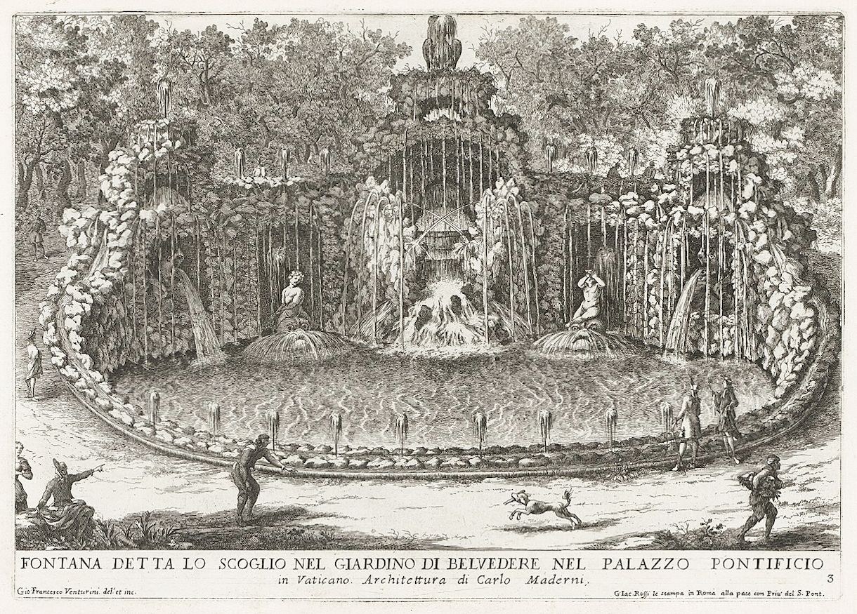 A black and white engraving of a long, narrow fountain lined with statues and jets of water, surrounded by rows of tall trees in a garden setting. The scene is likely in Vatican City, and the architecture of Carlo Maderni is featured.