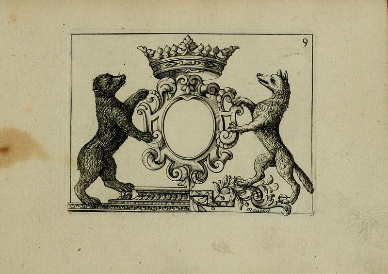 A vintage black and white illustration of a bear and wolf supporting an ornate frame topped with a crown.