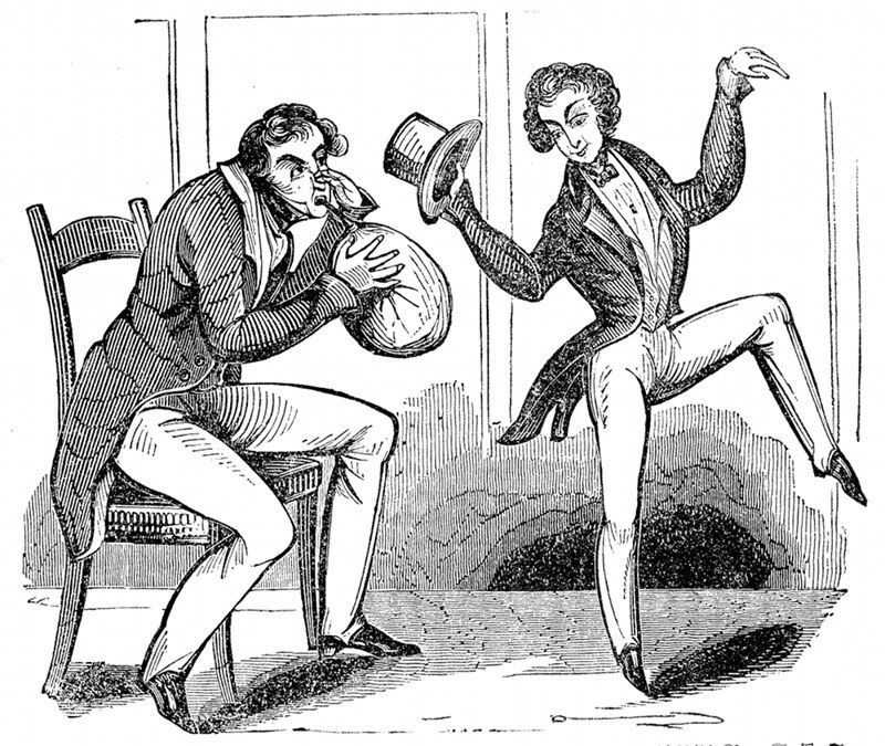 A black and white illustration of two men in a confrontation. One man is seated and shielding his face, while the other stands and raises a hat as if to strike.