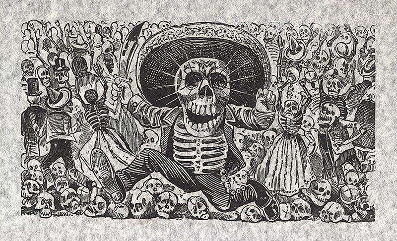 A black and white engraving of a skeleton dressed in fine clothing, surrounded by other skeletons and skulls, in the style of Day of the Dead art.