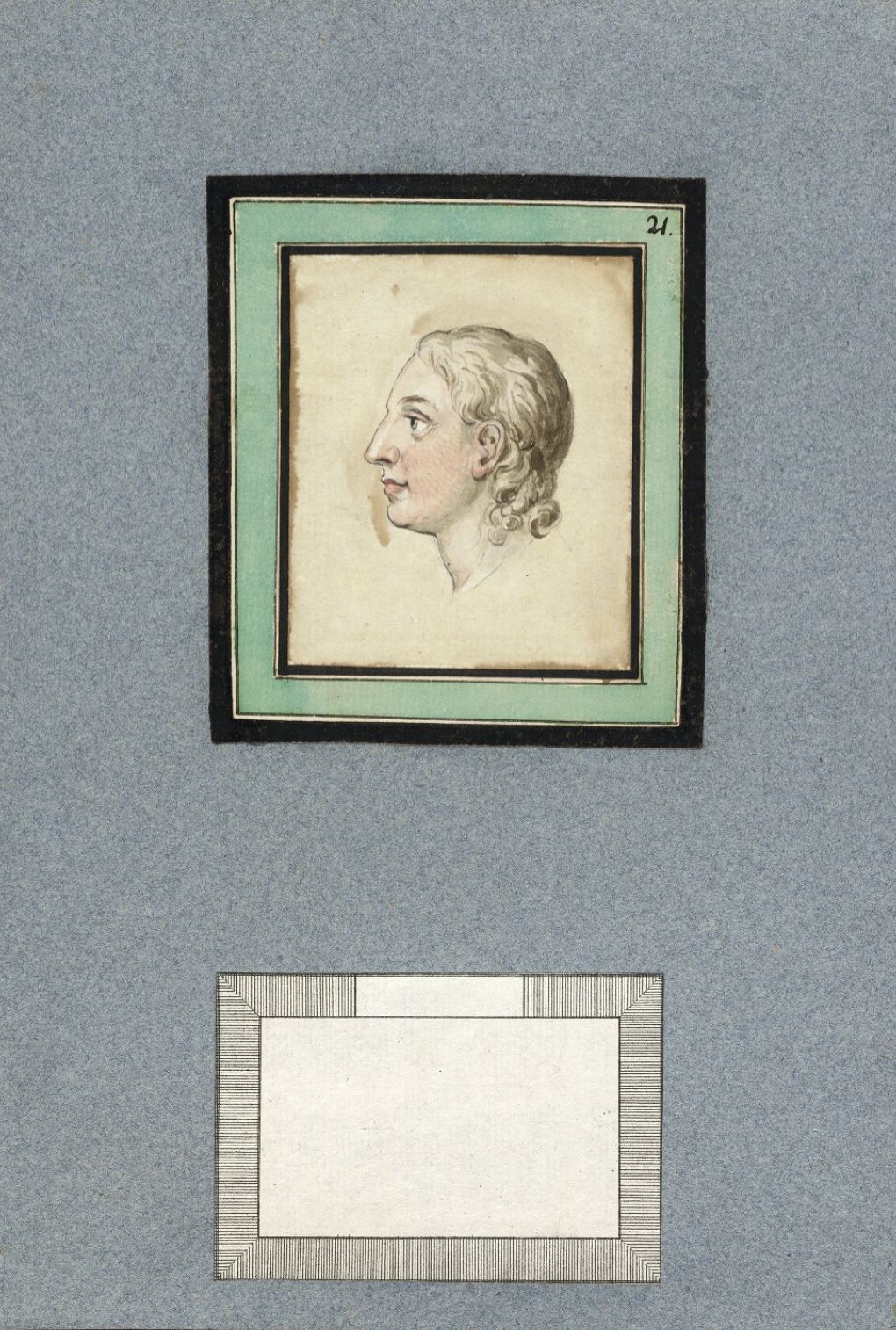 A vintage-style portrait of a person in profile, framed by a green and reddish-brown border. Below it is a blank rectangular space with a similar border.