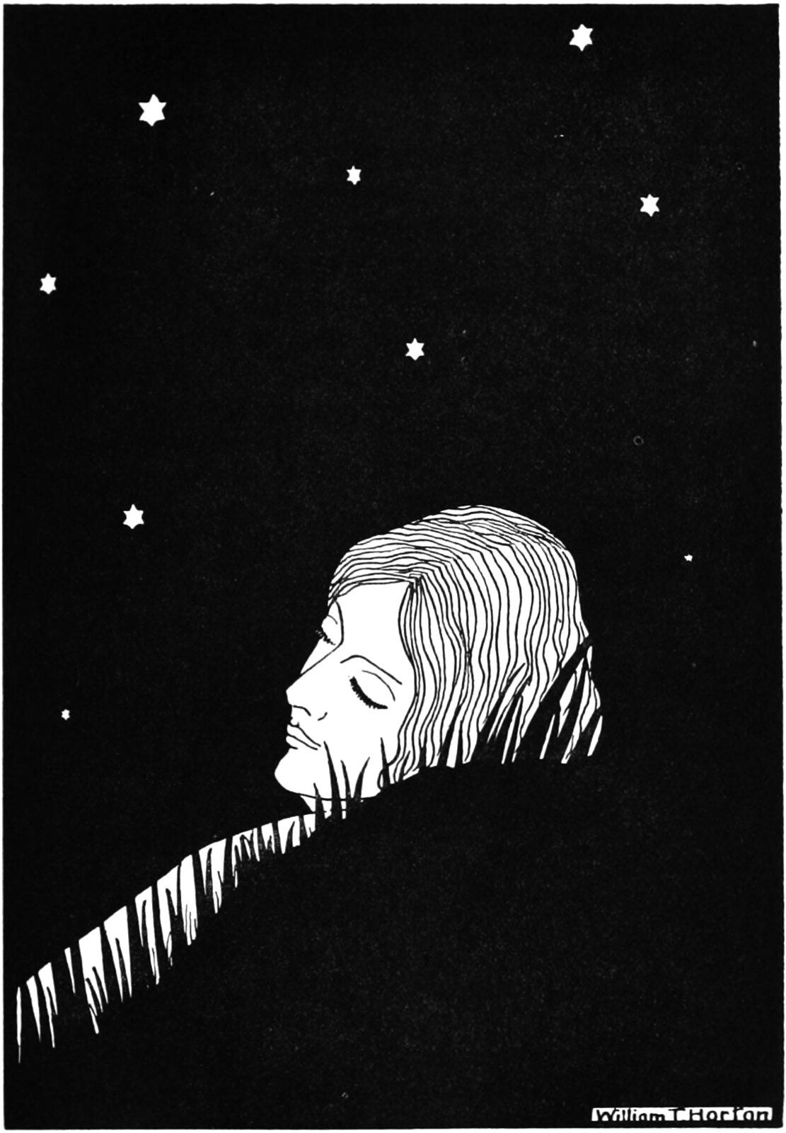 A black and white illustration of a person's head in profile against a starry background. The person's hair and upper body are composed of vertical lines that cascade downwards like a waterfall.