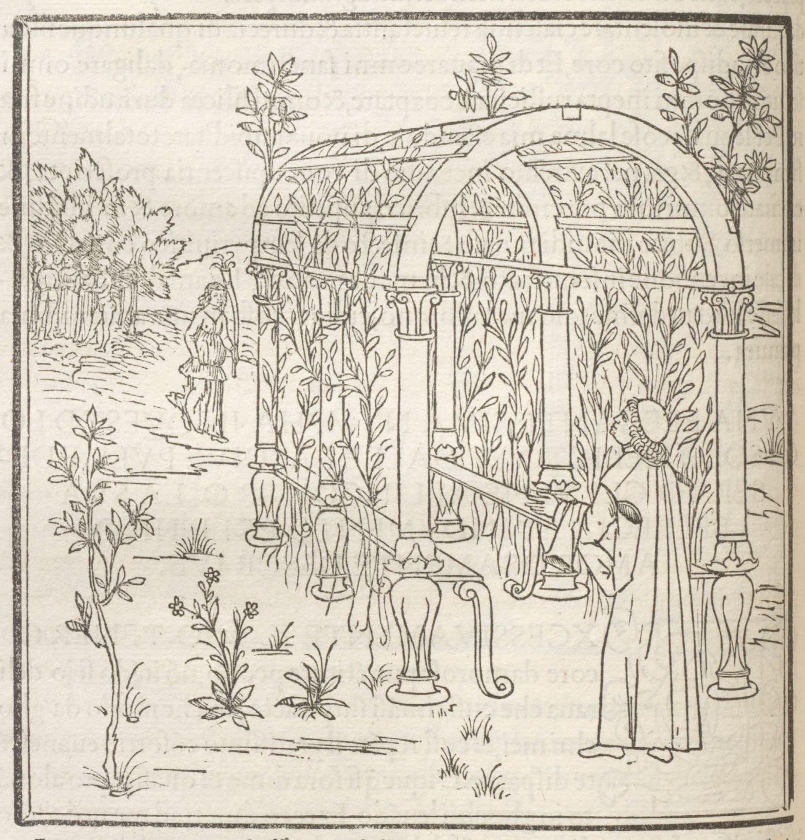 A black and white woodcut illustration of a garden scene with a man tending to a plant-covered structure.
