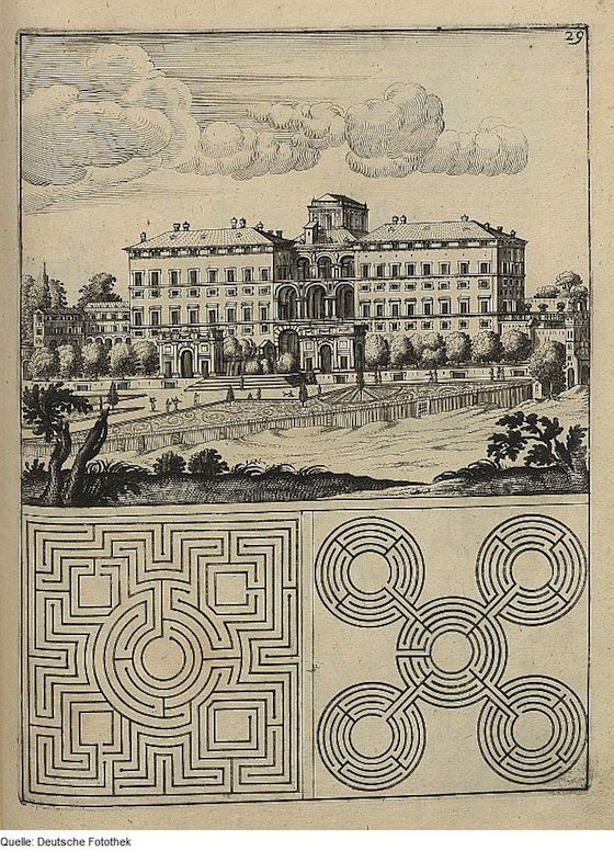 Vintage black and white illustration of a grand building with garden and two maze designs.