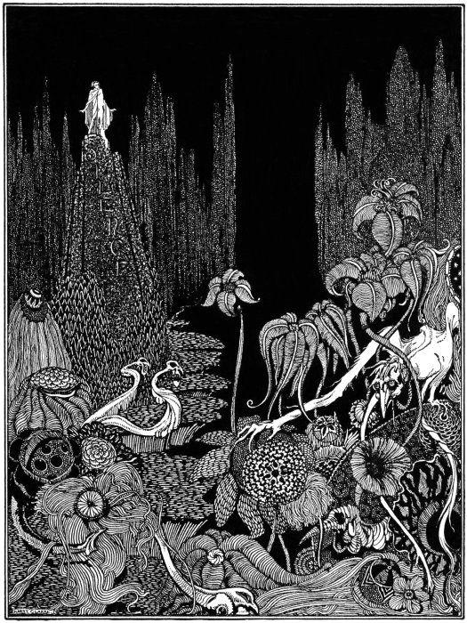 A black and white illustration of a fantastical forest with a swan, unicorn, and a figure on a hill.