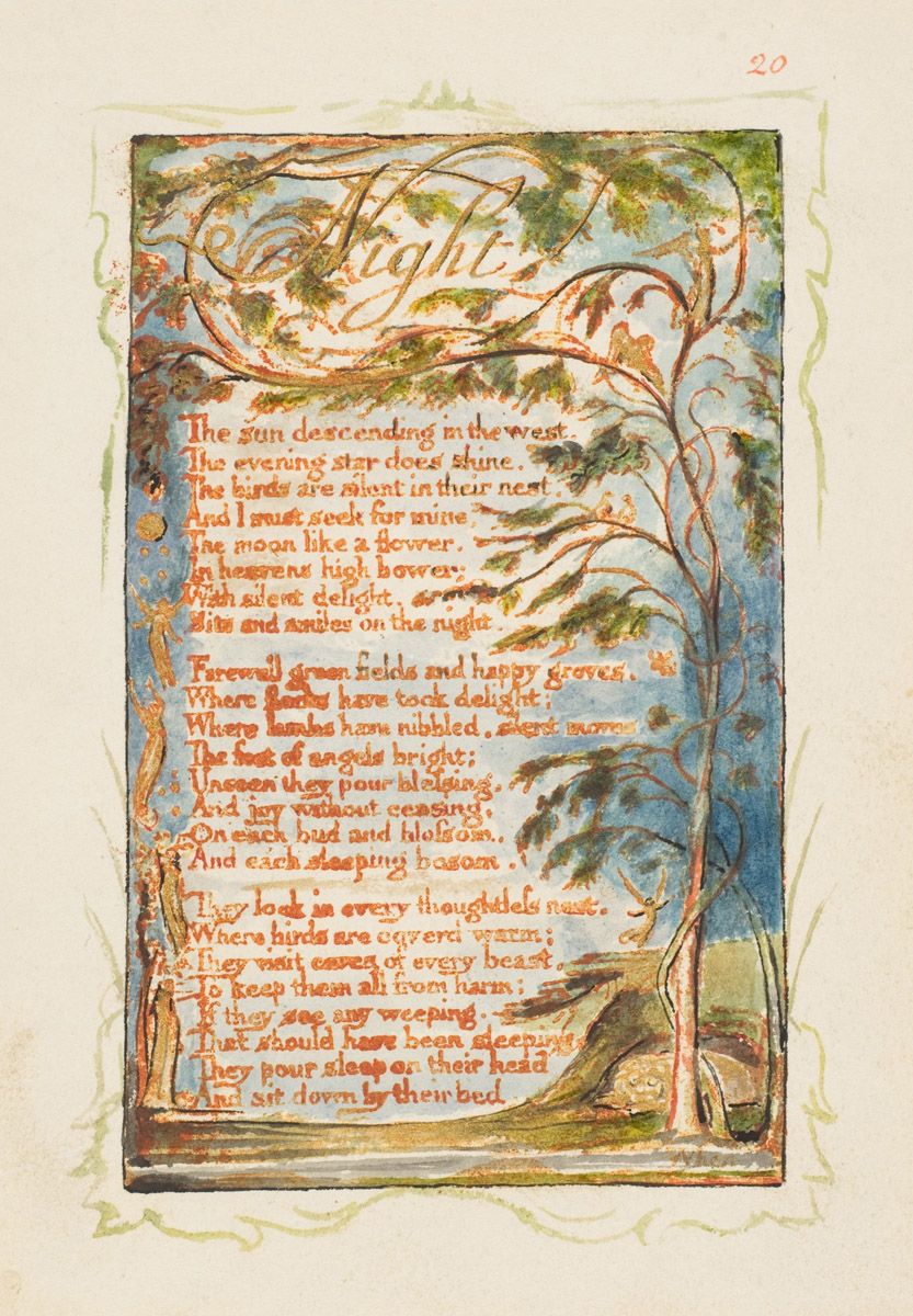 A detailed illustration of a page from a book, likely a poem or song. The page is rectangular and has a decorative, ornate border in shades of green and gold. The background is a wash of blues, greens, and browns, creating a dreamy, ethereal feel. Dominating the image is a stylized tree with twisting branches and lush foliage. The branches are a mix of brown, green, and reddish hues, and they are adorned with leaves and delicate flowers. The tree seems to be growing out of the bottom of the page and reaching upwards, framing the text. The text is written in a flowing, handwritten style, and it appears to be a poem or song lyrics. The words are arranged in verses, and they seem to describe a peaceful, natural scene.