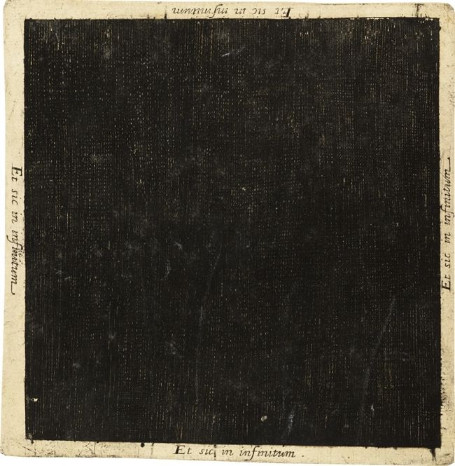 A page with dark, textured background and text around the edges that reads "Et sic in infinitum."