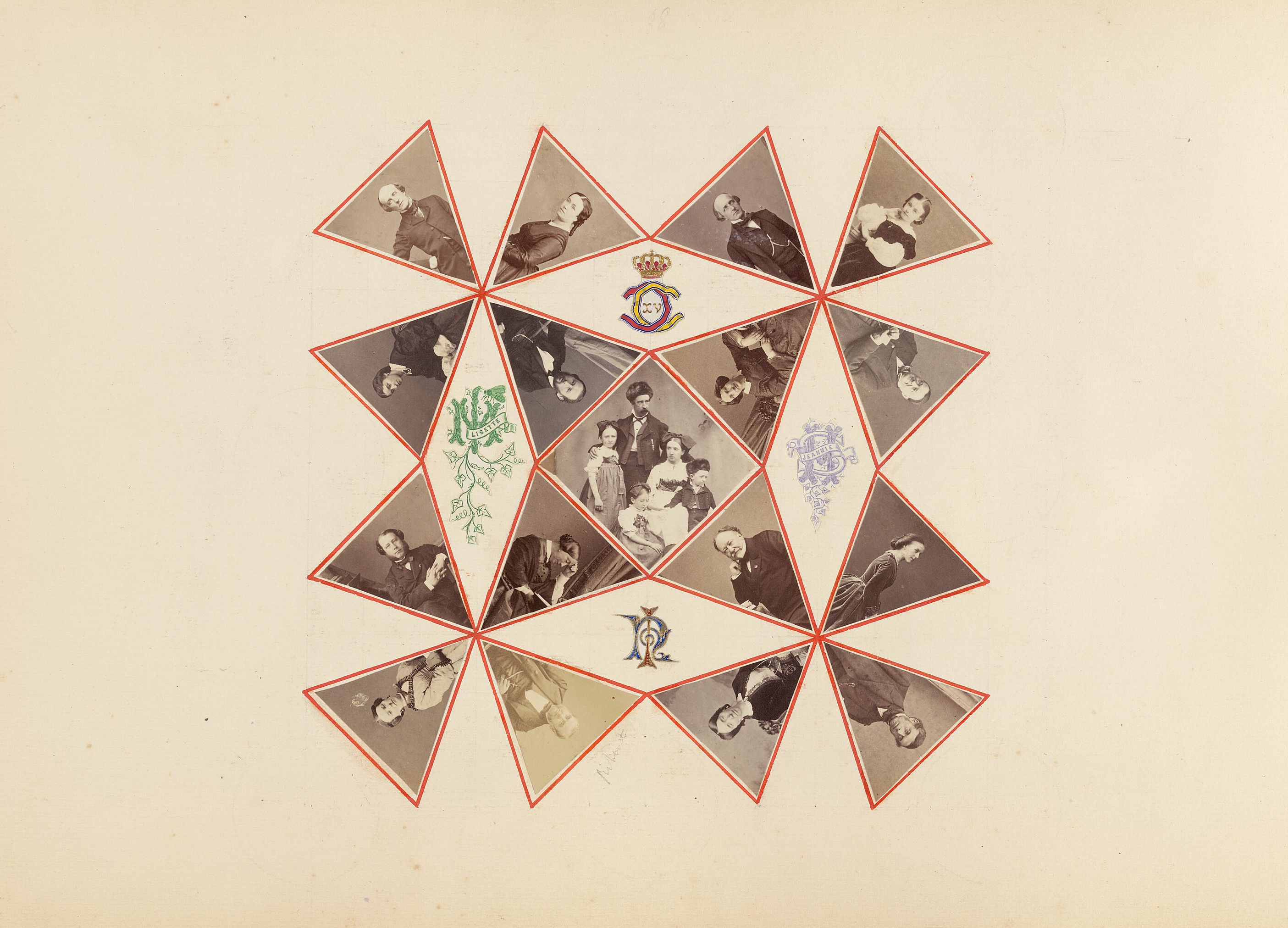 A vintage albumen print photograph arranged in a geometric pattern of portraits and decorative elements.