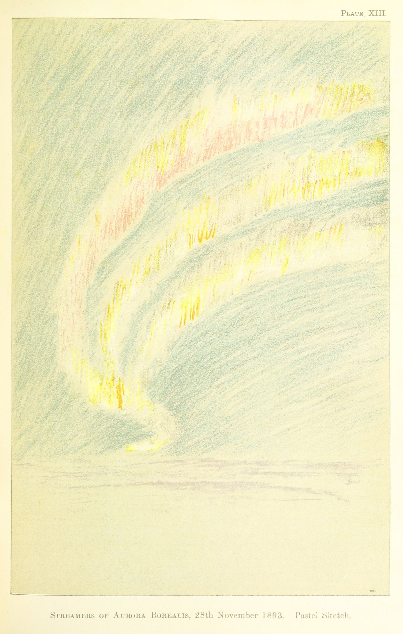 A pastel sketch of the aurora borealis, showing swirling streamers of yellow, green, and pink against a pale yellow background.