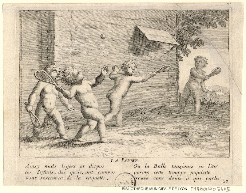 Black and white engraving of three nude children playing a game with racquets and a ball in a field with trees and a building in the background.