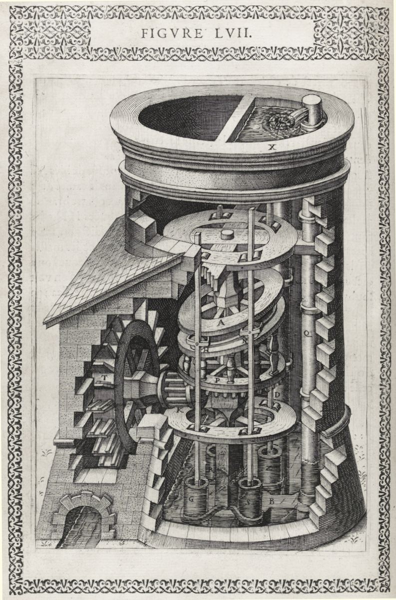 A detailed black and white engraving of a complex water-lifting machine housed within a tall, cylindrical tower structure.