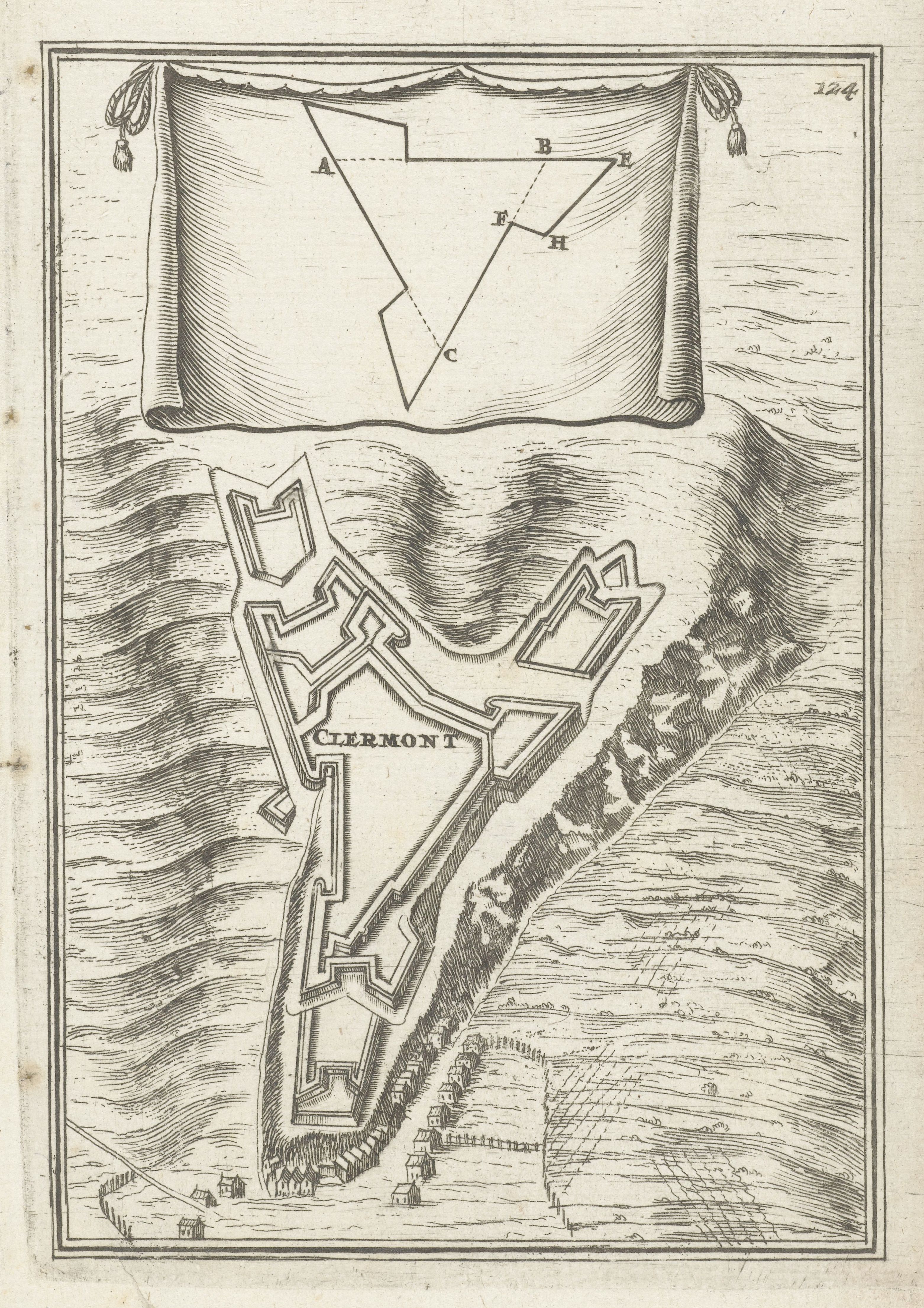 Vintage black and white engraving of a map of Clermont fort and town with geometric diagram.