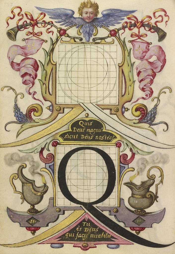 Illuminated letter 'O' with angel, urns, and Latin text.