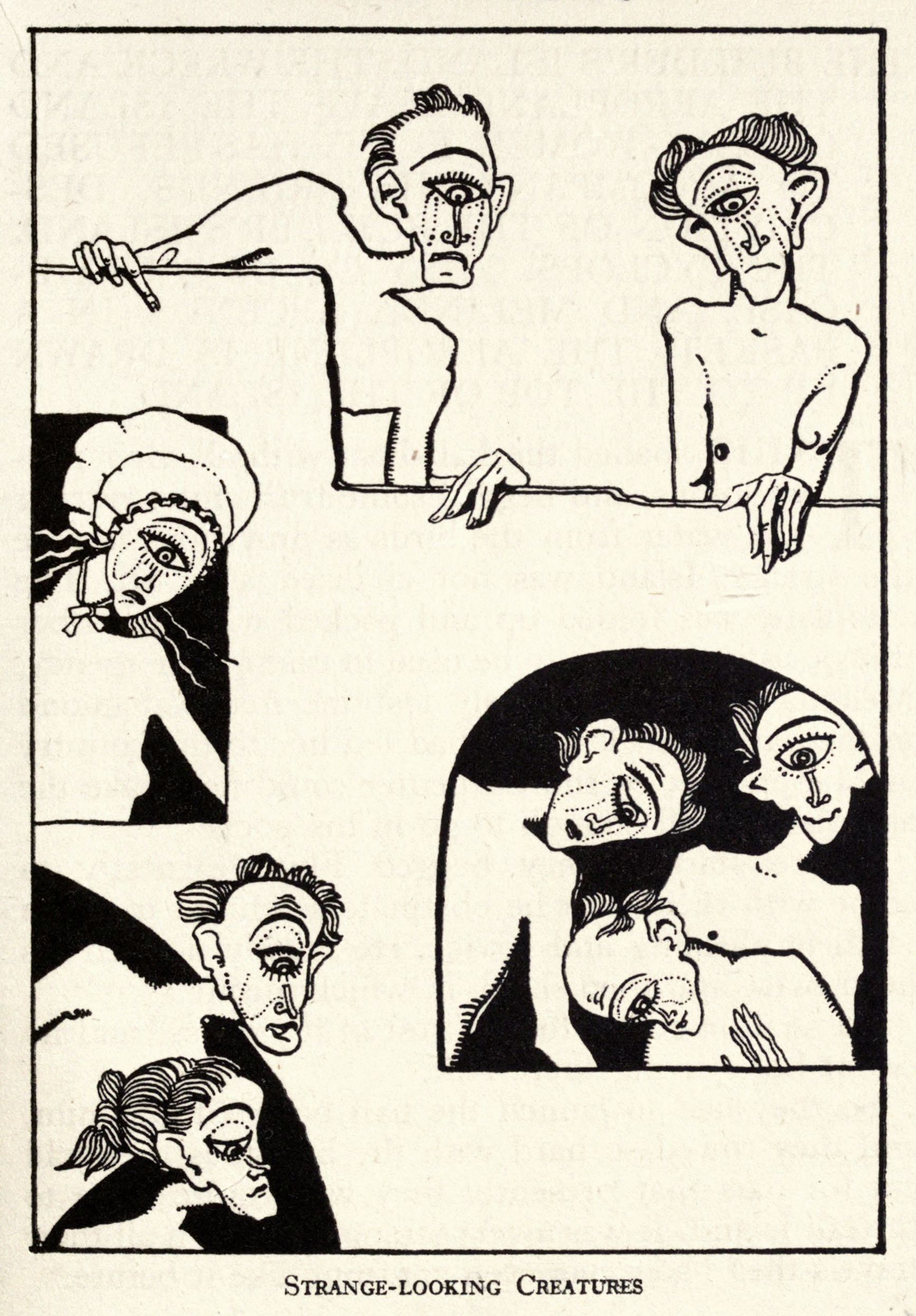 A black and white illustration of strange-looking creatures with exaggerated features and abstract shapes.