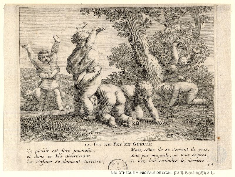 A black and white engraving depicting a playful scene with children and putti around a large tree.