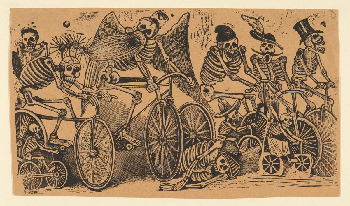 A black and white engraving of skeletons riding bicycles and a carriage.