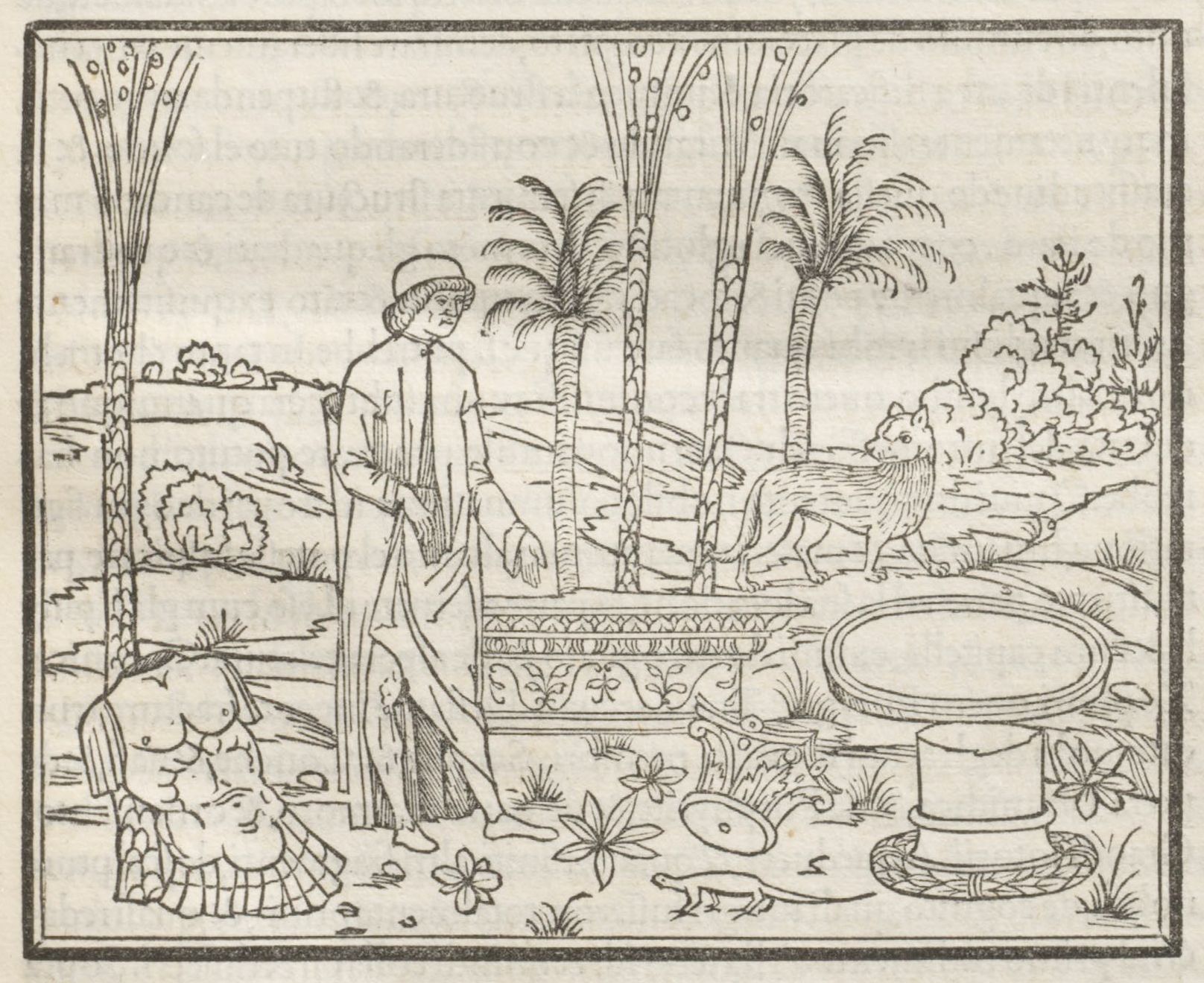 A black and white woodcut illustration of a person offering something to a dog in a garden with trees, a fountain, and a stone structure.