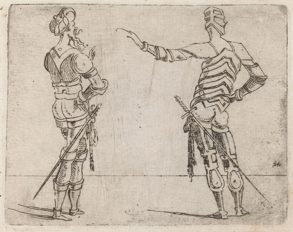 A black and white line drawing of two figures in armor facing each other. The figure on the left has a more elaborate hairstyle visible above the armor, while the figure on the right is fully encased in plate armor, including a helmet. Both figures have detailed leg armor and a sword at the hip.