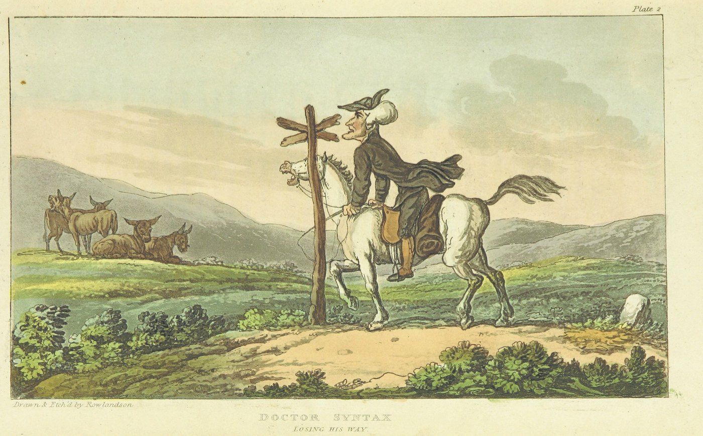 A hand-colored etching titled 'Doctor Syntax Losing His Way' depicts a man on horseback looking confused at a signpost in a hilly landscape with donkeys in the background.