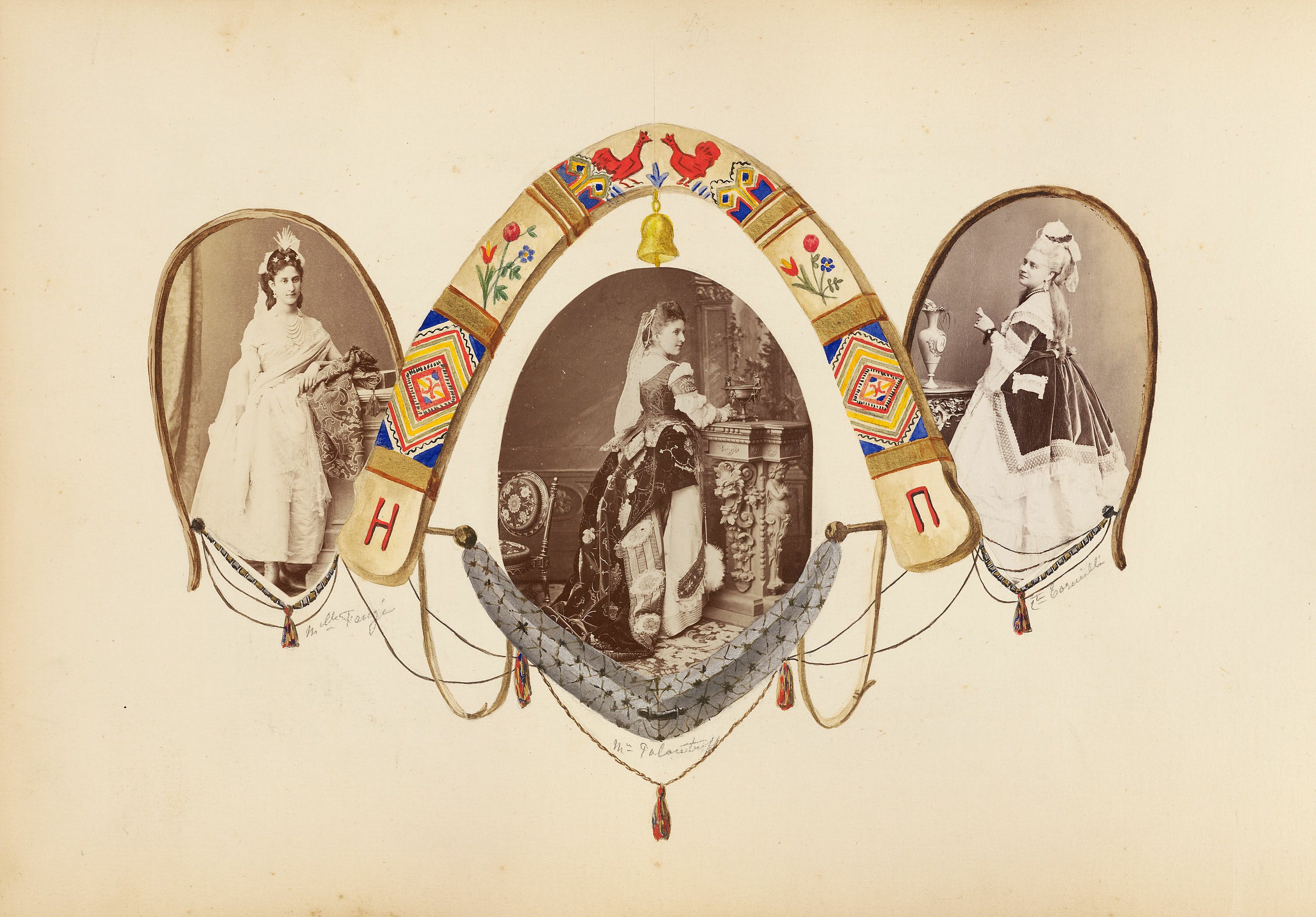 Vintage sepia-toned photograph of three oval portraits connected by an ornate decorative frame.