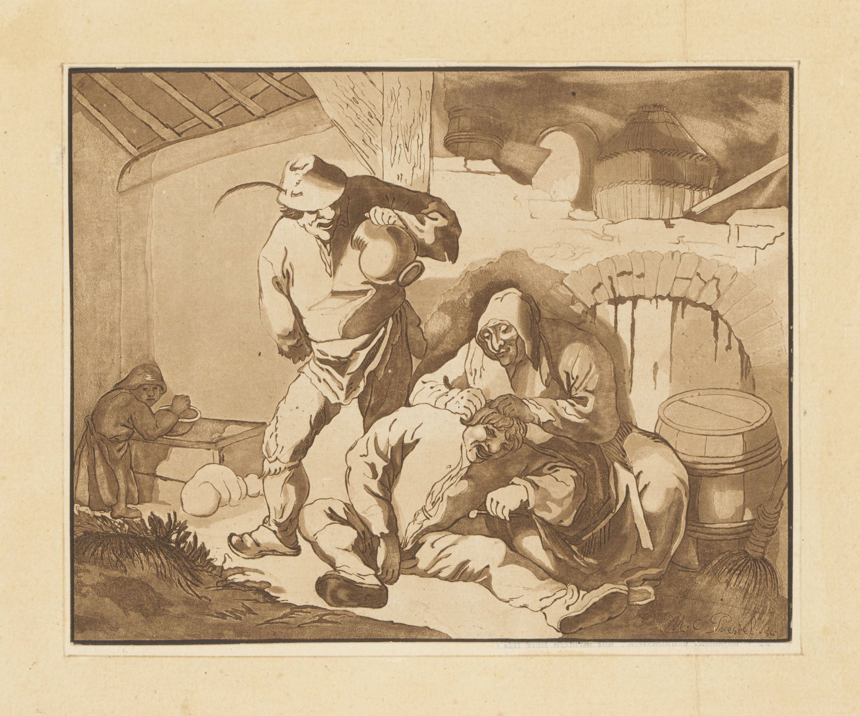 A sepia-toned pen and ink drawing depicting a chaotic scene within a rustic interior. A man is lifting another man by the hair, while a third figure attempts to intervene. A cloaked figure observes from the left, and a barrel stands in the background.