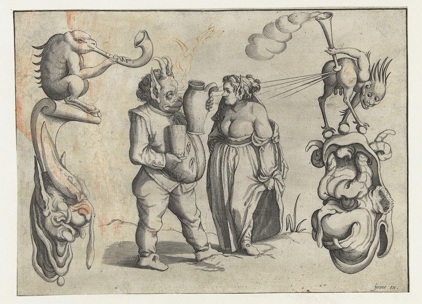 A black and white engraving depicting a grotesque man blowing into a tube towards a woman, flanked by fantastical creatures and ornate structures.
