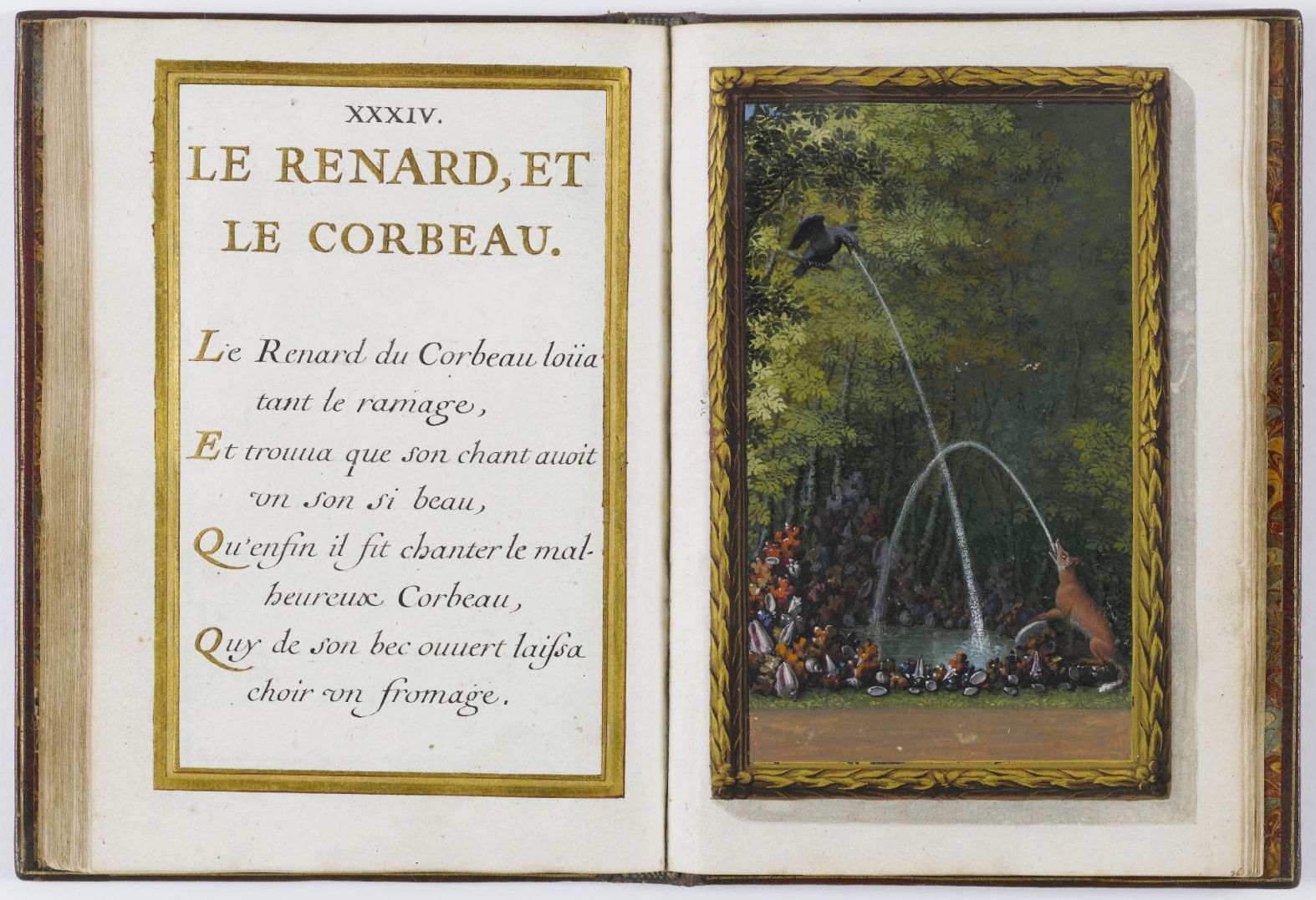 Open book page with French text and an illustration of a fox looking up at a crow holding cheese.