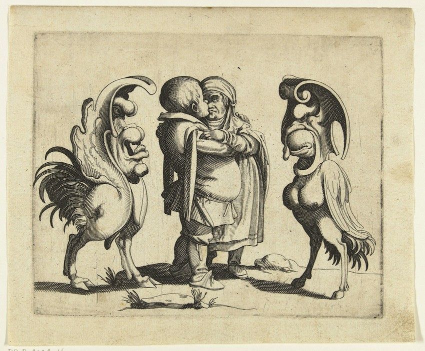 A black and white engraving depicting a man embraced by two fantastical creatures resembling a rooster and a horse.