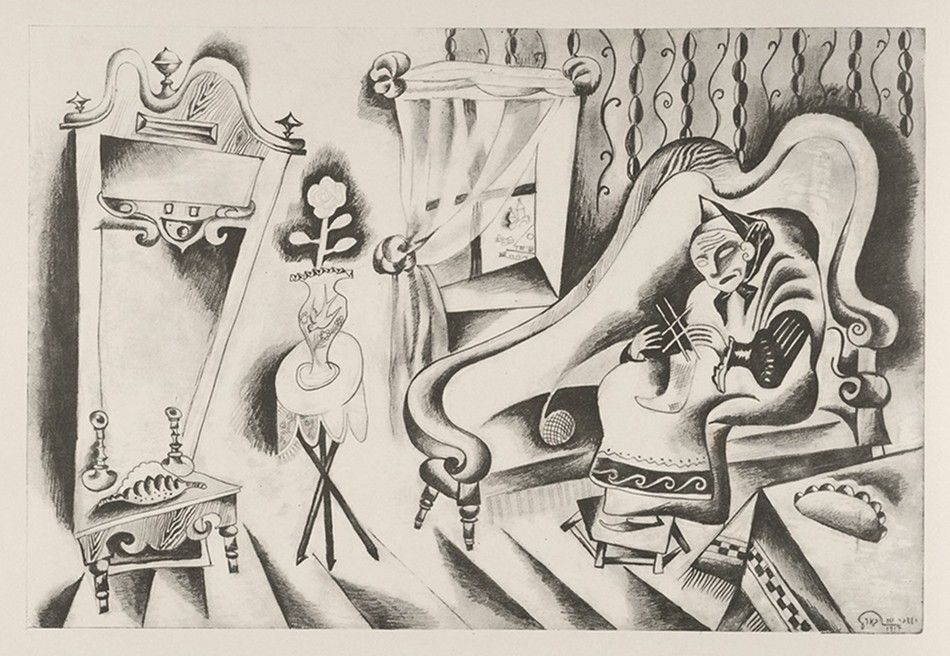 A black and white illustration of a woman in a chair with a ghost floating nearby.