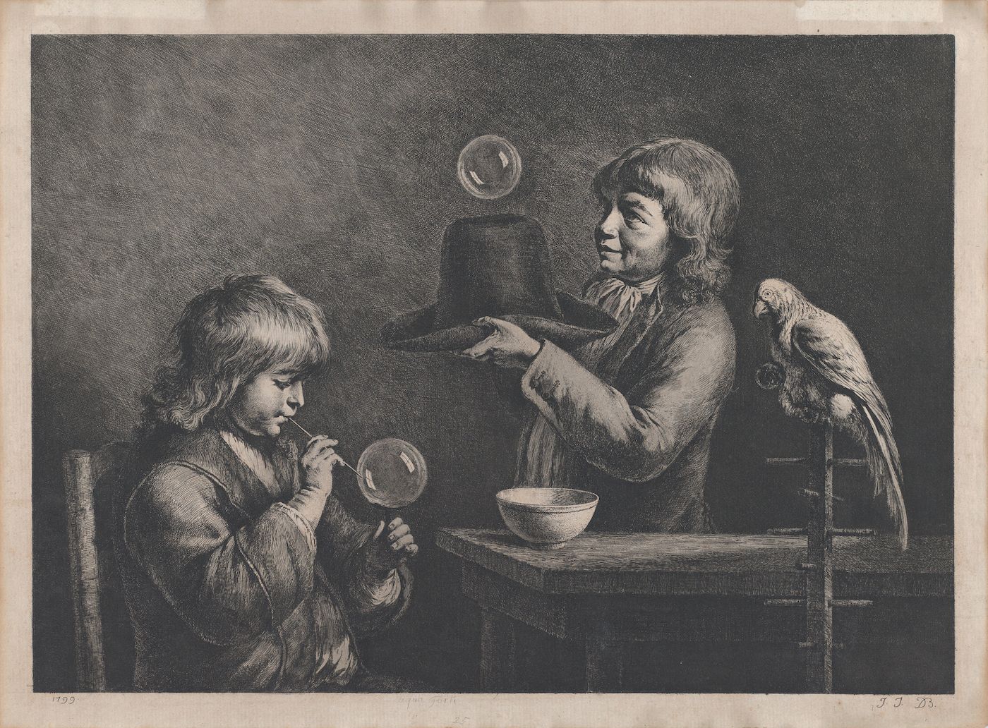 A black and white engraving of a boy blowing bubbles while an older man watches, with a parrot perched on a chair.