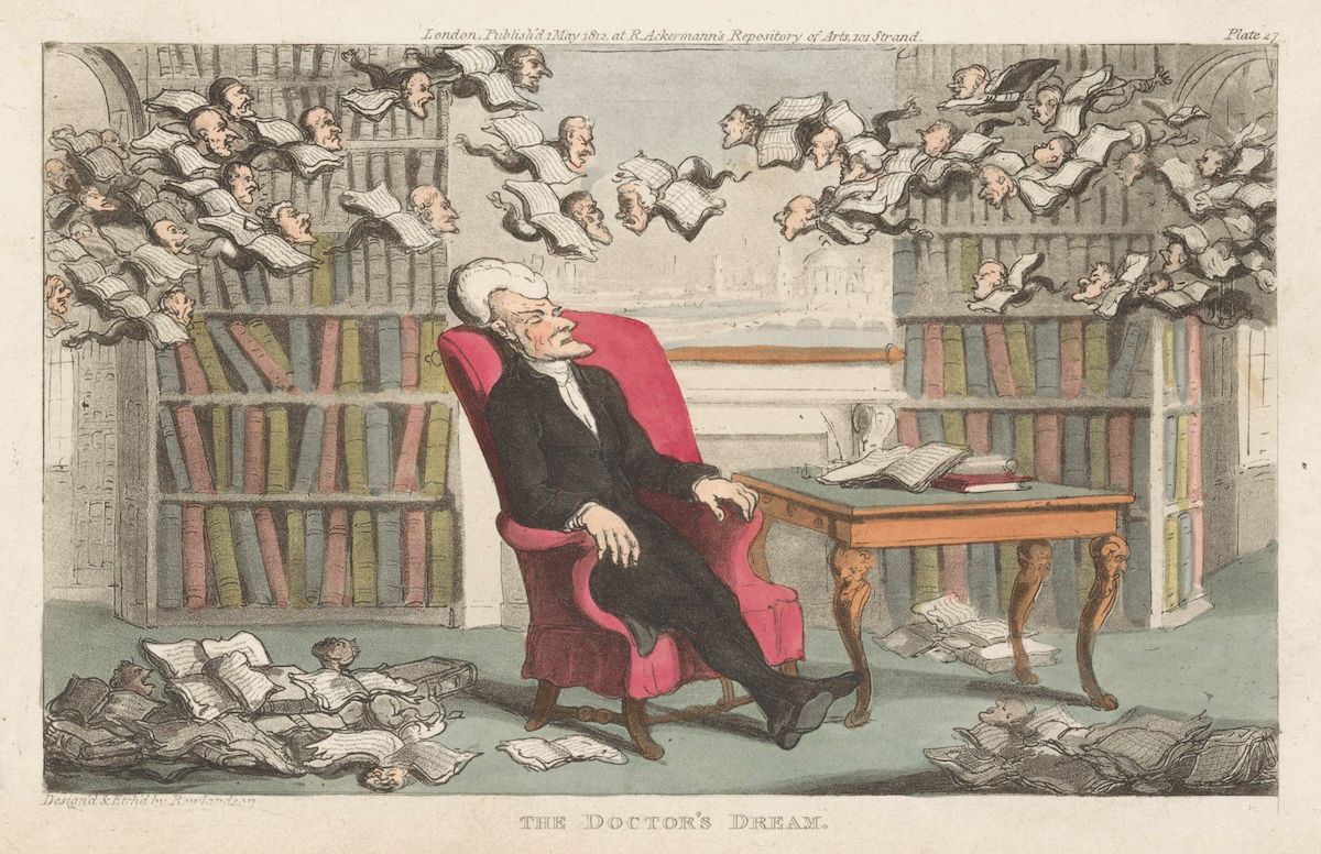 A hand-colored etching titled 'The Doctor's Dream'. It depicts an elderly doctor asleep in a chair in his study, surrounded by books and papers. The scene is whimsical and fantastical, as the doctor is dreaming of faces with wings, resembling angels, floating around him.