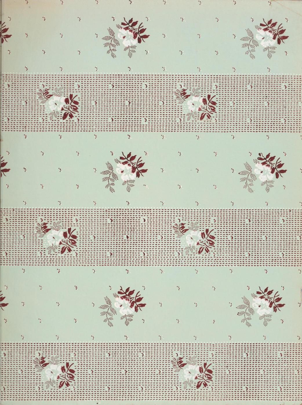 A vintage-style patterned background with light green base color and repeating floral design in shades of maroon and white.